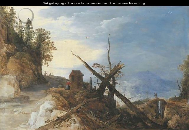 A mountain landscape with a fallen tree on a path, a bridge in the distance - Joos or Josse de, The Younger Momper