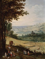 Peasants harvesting, an extensive landscape with a church beyond - Joos or Josse de, The Younger Momper