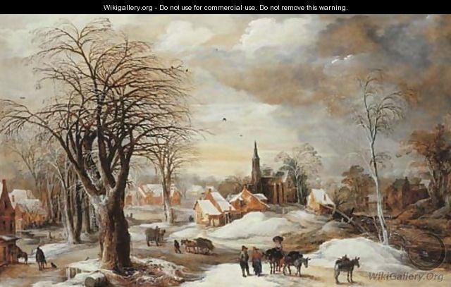 A winter landscape with a muleteer and villagers conversing by his train, travellers by a house and faggot-gatherers with their wagons on a path, a vi - Joos or Josse de, The Younger Momper