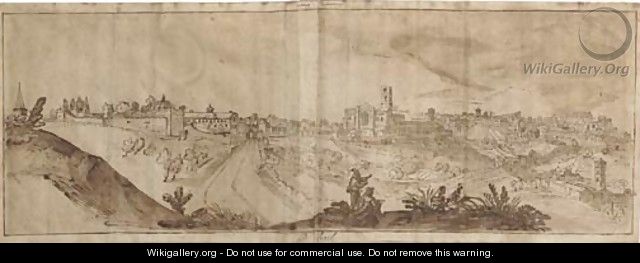 An extensive view of Perugia, a draughtsman in the foreground - Joos De Momper