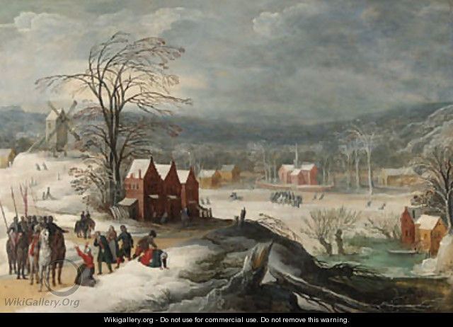 A winter landscape with soldiers at a village - Joos De Momper