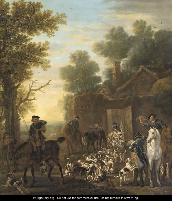 A hunting scene showing the release of the hounds, in a wooded landscape - John Wootton