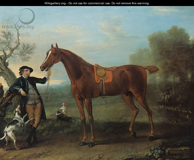 Squirrel, a thoroughbred chestnut Hunter held by a Groom, in an extensive wooded landscape - John Wootton