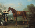 Squirrel, a thoroughbred chestnut Hunter held by a Groom, in an extensive wooded landscape - John Wootton