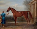 Mr Charles Wilson's Chestnut Arabian, held by a groom, beside a classical building - John Wootton