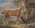 John Shafto of Bavington Hall, and Whitworth Hall, Northumberland, holding a hunter, in a landscape with a groom and stable beyond - John Wootton