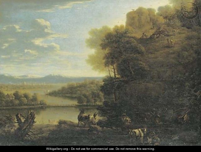A goatherd and goats on a rocky wooded outcrop before an extensive river landscape - John Wootton