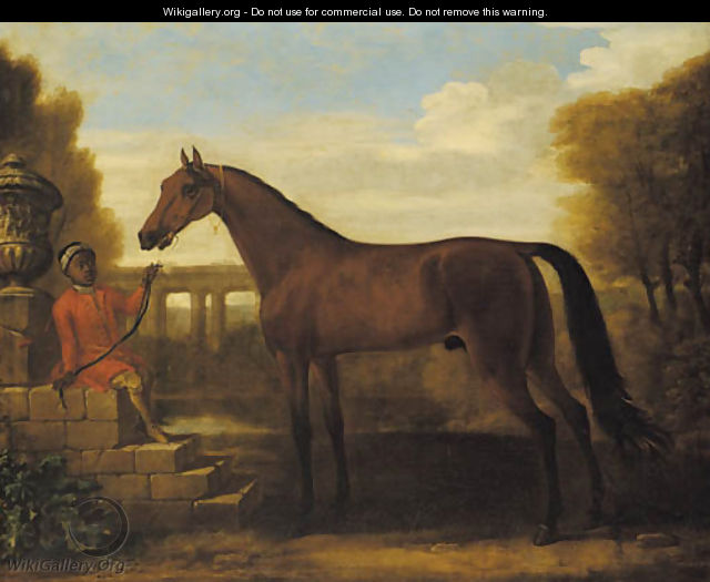 A dark bay Arab stallion, held by a groom seated on stone steps by a classical urn, a viaduct in the landscape beyond - John Wootton