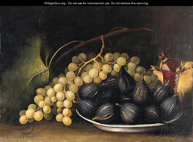 A Bunch of white Grapes with Figs in a shallow Bowl - Jos Gozalves De Coniedo