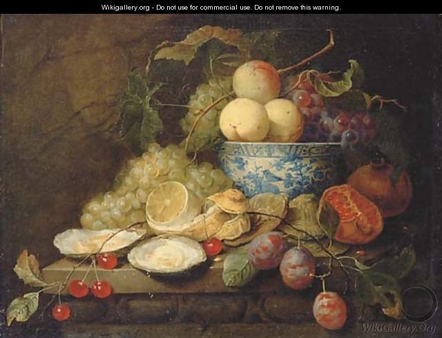 Oysters, plums, cherries, grapes, a lemon and a pomegranate on a stone ledge, with peaches and grapes - Joris Van Son
