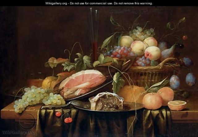 Ham and a sweetmeat pie on pewter plates, peaches, grapes, figs and plums in a basket, a bread roll, oranges, a sprig of cherries, a bunch of grapes - Joris Van Son