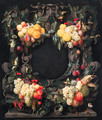 Clusters of oranges, lemons, pears, grapes, figs and other fruit, corncobs and nuts decorating a stone cartouche - Joris Van Son