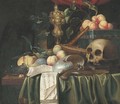 A vanitas still-life with a skull, a pistol, a lute with broken strings, a flute, shells, peaches, figs, bread and an urn on a partly draped ledge - Joris Van Son