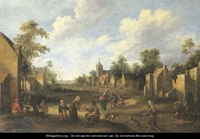 A village landscape with travellers and peasants in a street - Joost Corenlisz. Droogsloot