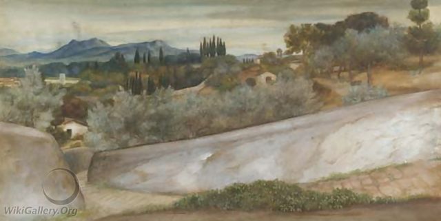 A Tuscan landscape with village and olive grove - John Roddam Spencer Stanhope