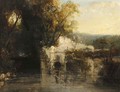 Figures on a ruined bridge in a wooded river landscape - John Rawson Walker