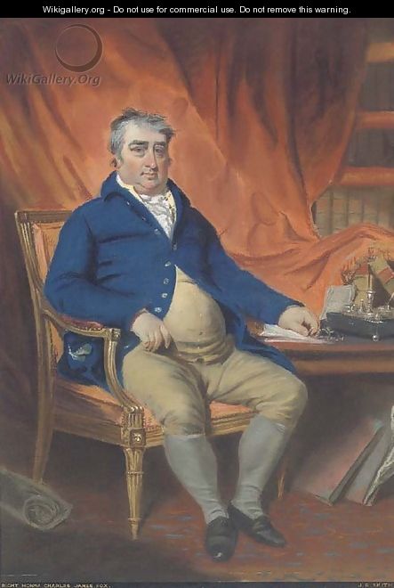 Portrait of the Right Honorable Charles James Fox, M.P. (1749-1806), seated in his study, in a blue coat and mustard waistcoat and britches - John Raphael Smith