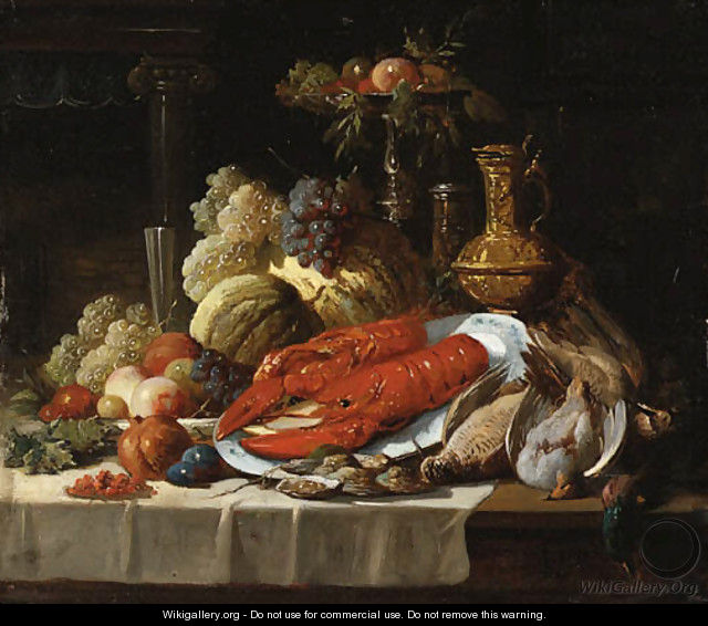 Still Life with lobster, oysters, fruit and fowl on a draped table. - John Seymour Lucas