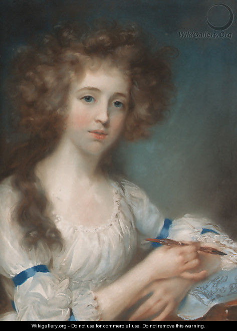 Portrait of a lady, half-length, in a white dress with blue ribbons, holding a brush in her right hand, her left arm resting on a sheet of paper - John Russell