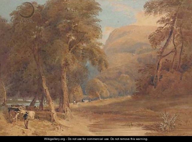A wooded river landscape with a herdsman and cattle - John Thirtle
