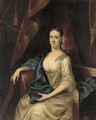 Portrait of Rebecca Branthwayt (d.1740), nee Newton, seated three-quarter-length, in a white satin dress and blue wrap in a draped interior - John Theodore Heins