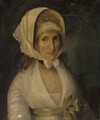 Portrait of Mrs James Beevor, bust-length, in a white dress with a green sash and a white lace bonnet - John Theodore Heins