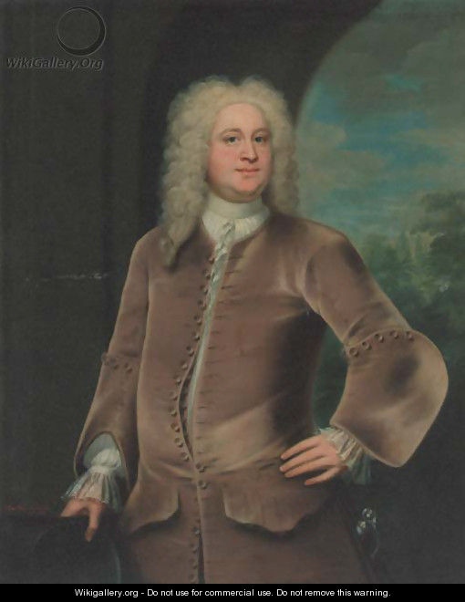 Portrait of Miles Branthwayt (d.1751), three-quarter-length, in a brown coat and waistcoat, holding a hat, a landscape beyond - John Theodore Heins