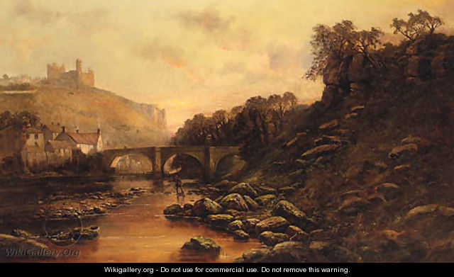 A Fisherman On The River Coquet With Warkworth Castle Beyond - John Syer