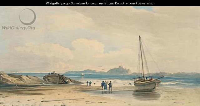 Figures on the shore with Bamburgh Castle beyond, Northumberland - John Varley