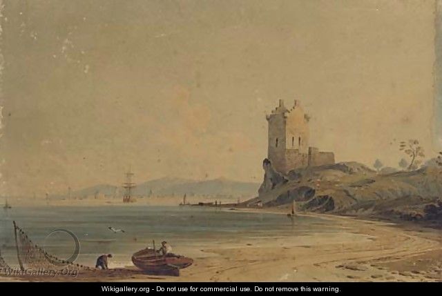 Figures mending the nets on the foreshore before a ruined tower - John Varley