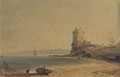 Figures mending the nets on the foreshore before a ruined tower - John Varley