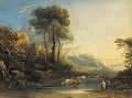 An extensive wooded landscape with cattle watering and a castle beyond - John Varley