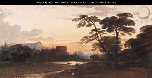 A figure in a wooded landscape with a castle beyond - John Varley
