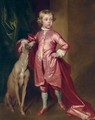 Portrait of a boy, full-length, in pink, with a greyhound, in an interior - John Vanderbank