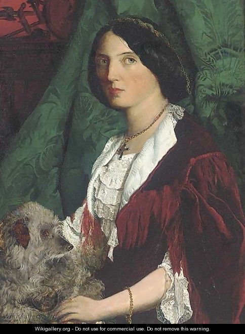 Portrait of a lady, half-length, in a red velvet dress with lace trim and white collar, holding a dog, a green curtain beyond - John Lawson