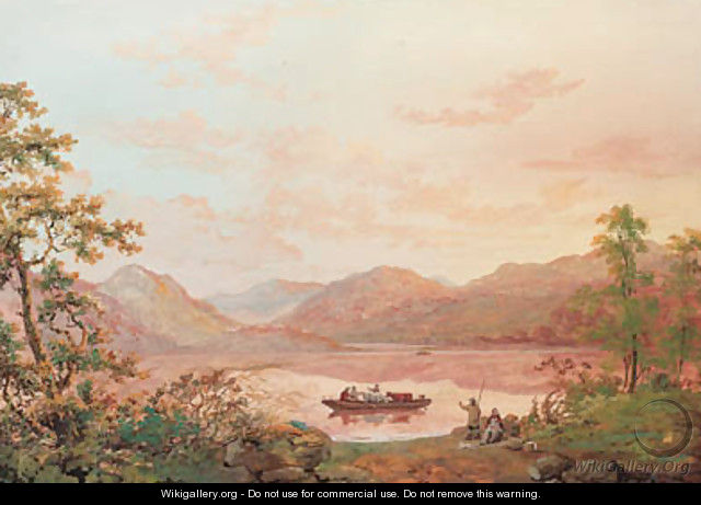 View on Lake Windermere with a ferry transporting figures and cattle, Cumbria - John Laporte