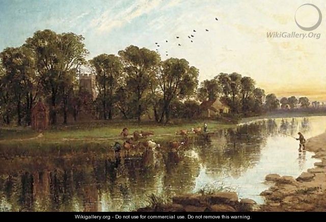 Cows watering near an angler in a river, a church beyond - John Joseph Hughes
