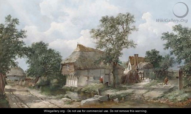 Figures before a cottage, near Hemingstone - John James Wilson