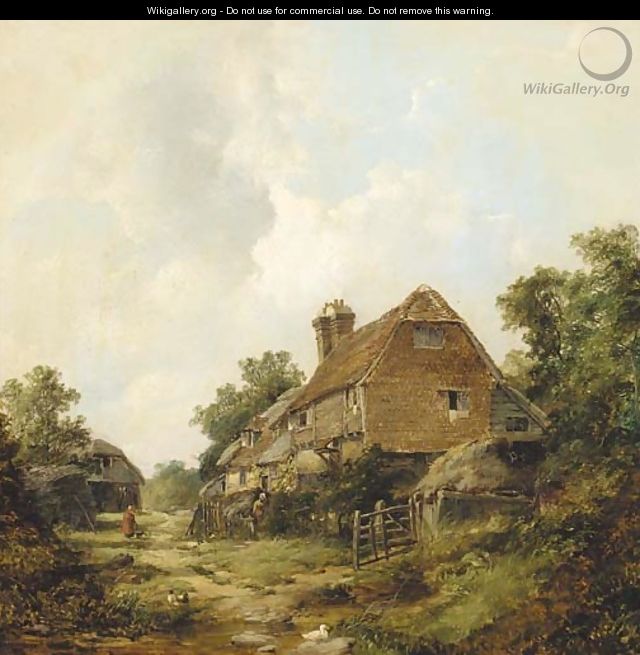 Figures before a cottage with a barn beyond - John James Wilson