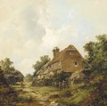 Figures before a cottage with a barn beyond - John James Wilson