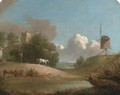 A plough team and a windmill in an extensive landscape - John Inigo Richards