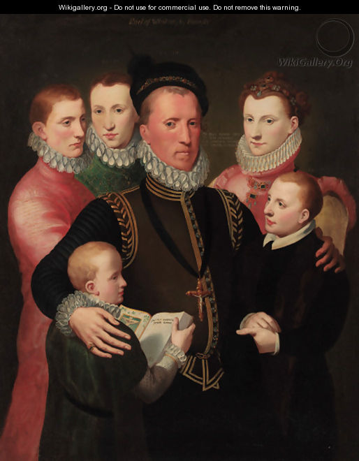 A group portrait of the Winton family, standing three-quarter-length George, 7th Lord Seton in a gold-trimmed black doublet - Sir John Baptist de Medina