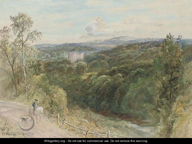 A mounted figure on a road by a river, Bardon Tower beyond - John MacWhirter