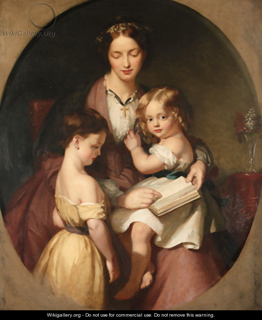 Group portrait of Mrs John Lucas and her two eldest sons, three-quarter-length, the former, seated, in a pink dress and black shawl, holding a book - John Lucas