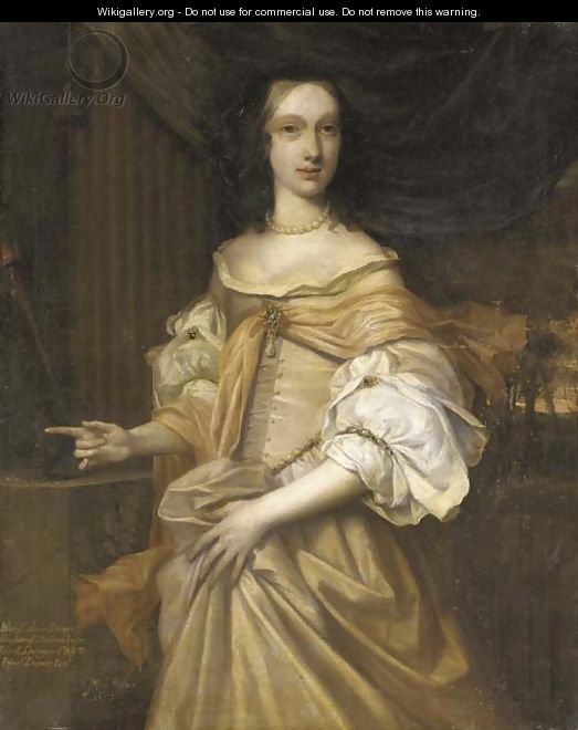 Portrait of Lady Catherine Dormer, three-quarter-length, in a pink dress with jewels and a pearl necklace, by a column - John Michael Wright