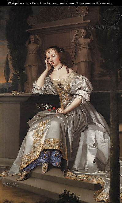 Portrait of Elizabeth, Countess of Westmorland, full-length, seated in a white satin dress with gold and silver brocade - John Michael Wright