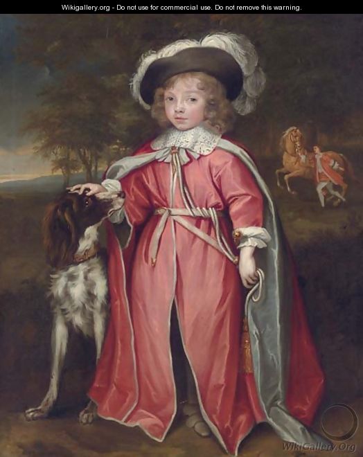 Portrait of a boy, possibly Philip, 7th Earl of Pembroke (1652-1683), full-length, in robes of the Order of the Bath, with his hound - John Michael Wright