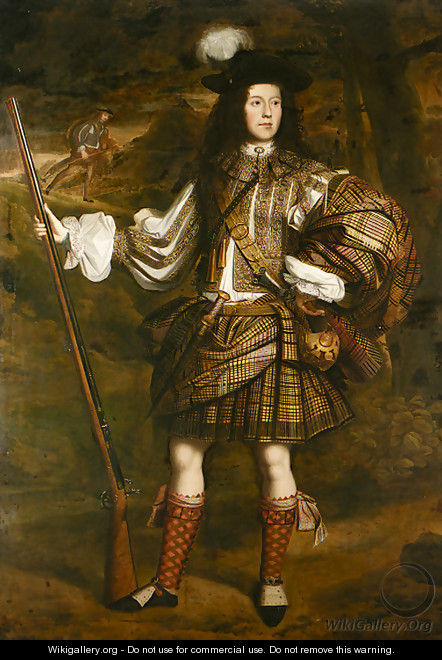 A Highland Chieftain Portrait of Lord Mungo Murray (1668-1700), full-length, in highland dress, holding a flintlock sporting gun in his right hand - John Michael Wright
