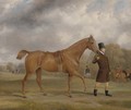 A bay hunter and groom, with a hunt beyond, in an extensive landscape - John Paul