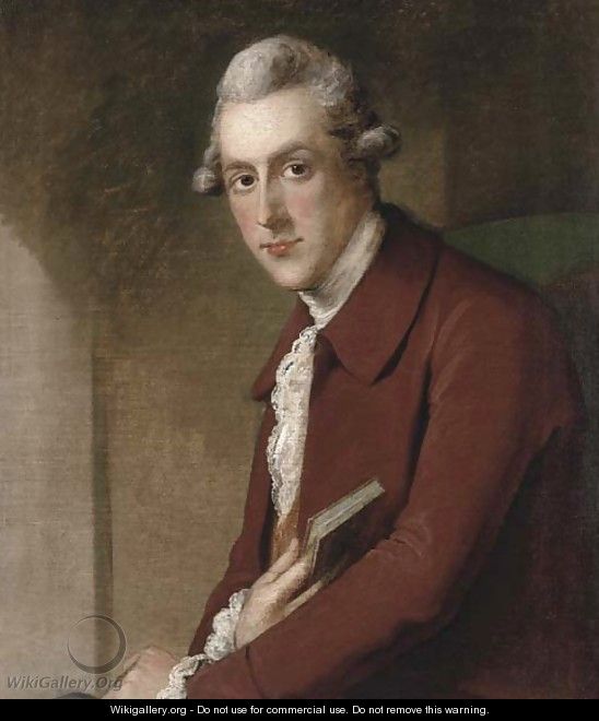 Portrait of James White (1745-1825), seated half-length, in a maroon coat, holding a book in his right hand - John Opie